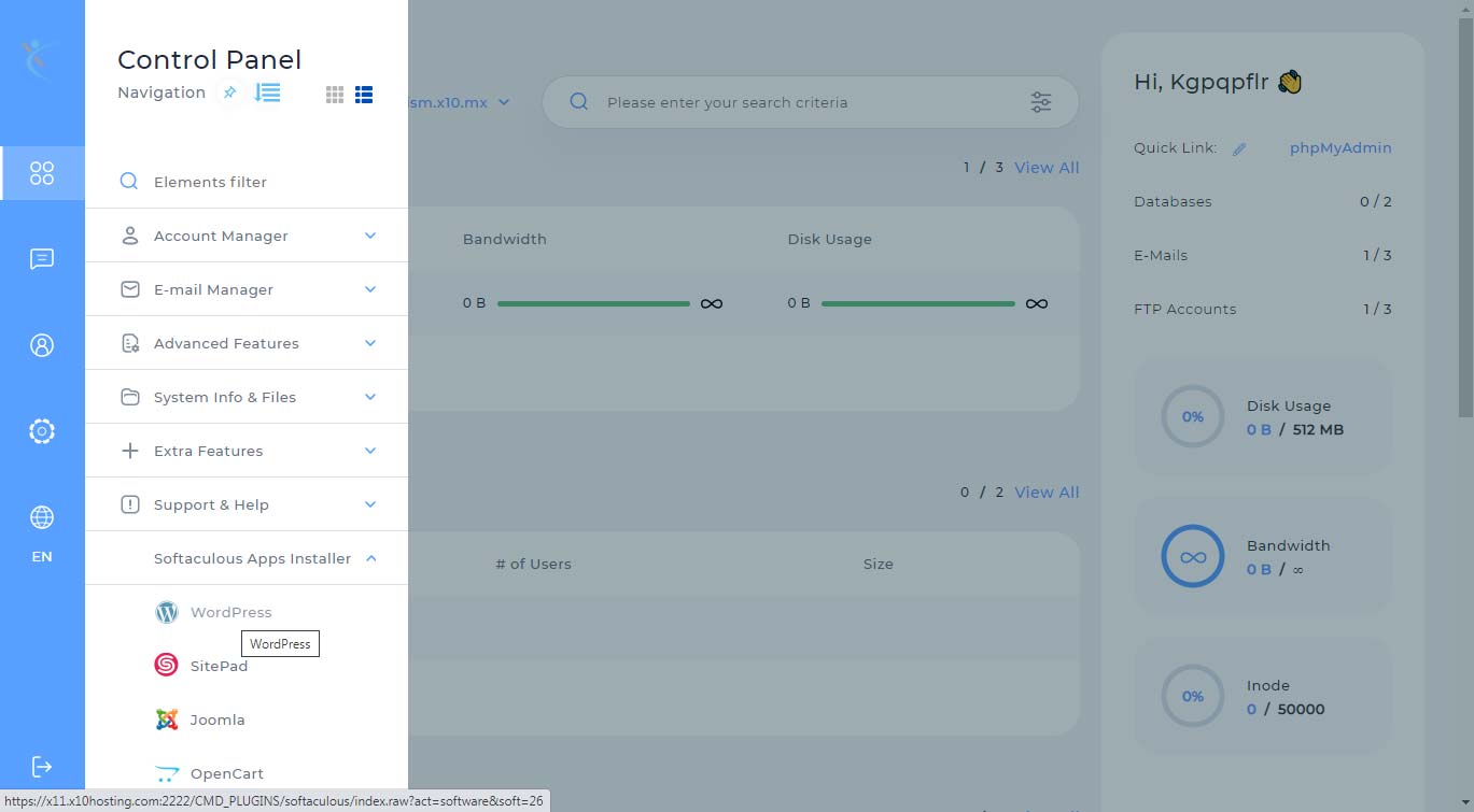 Domain dashboard Softaculous Apps Installer