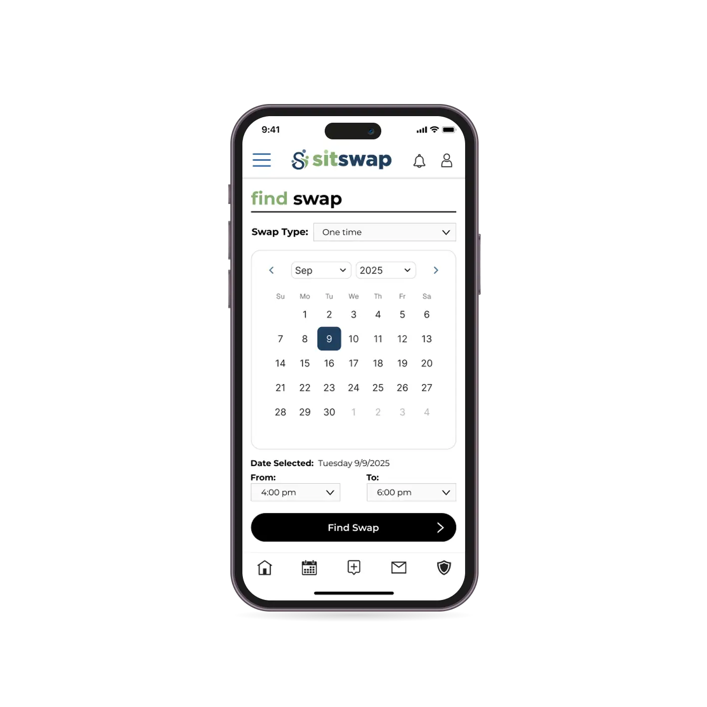 SitSwap app search parameters screen