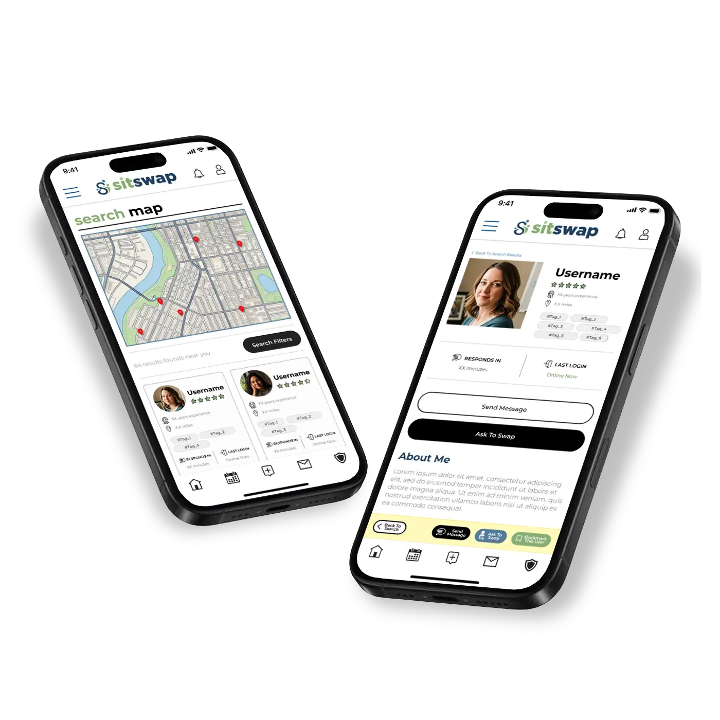 SitSwap app search + swapper profile screens